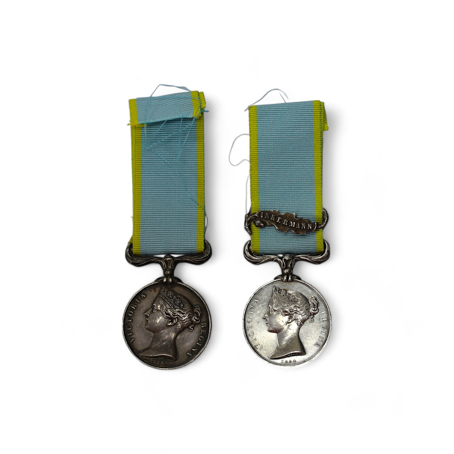 Two Crimea medals, one with Inkermann clasp, both unnamed as issued